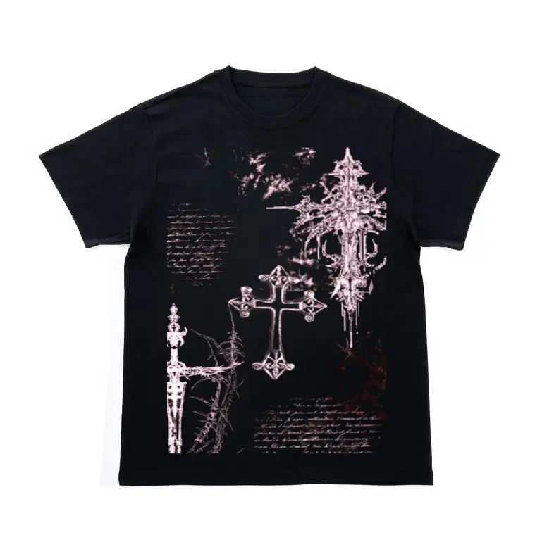 Gothic Cross Script T-Shirt, Y2K Grunge Aesthetic Cyber Graphic Shirt, Vintage Dark Streetwear Tee, Crew Neck, Short Sleeve, Cotton, Gift for Aesthetic Him Her, Men Womenswear Top