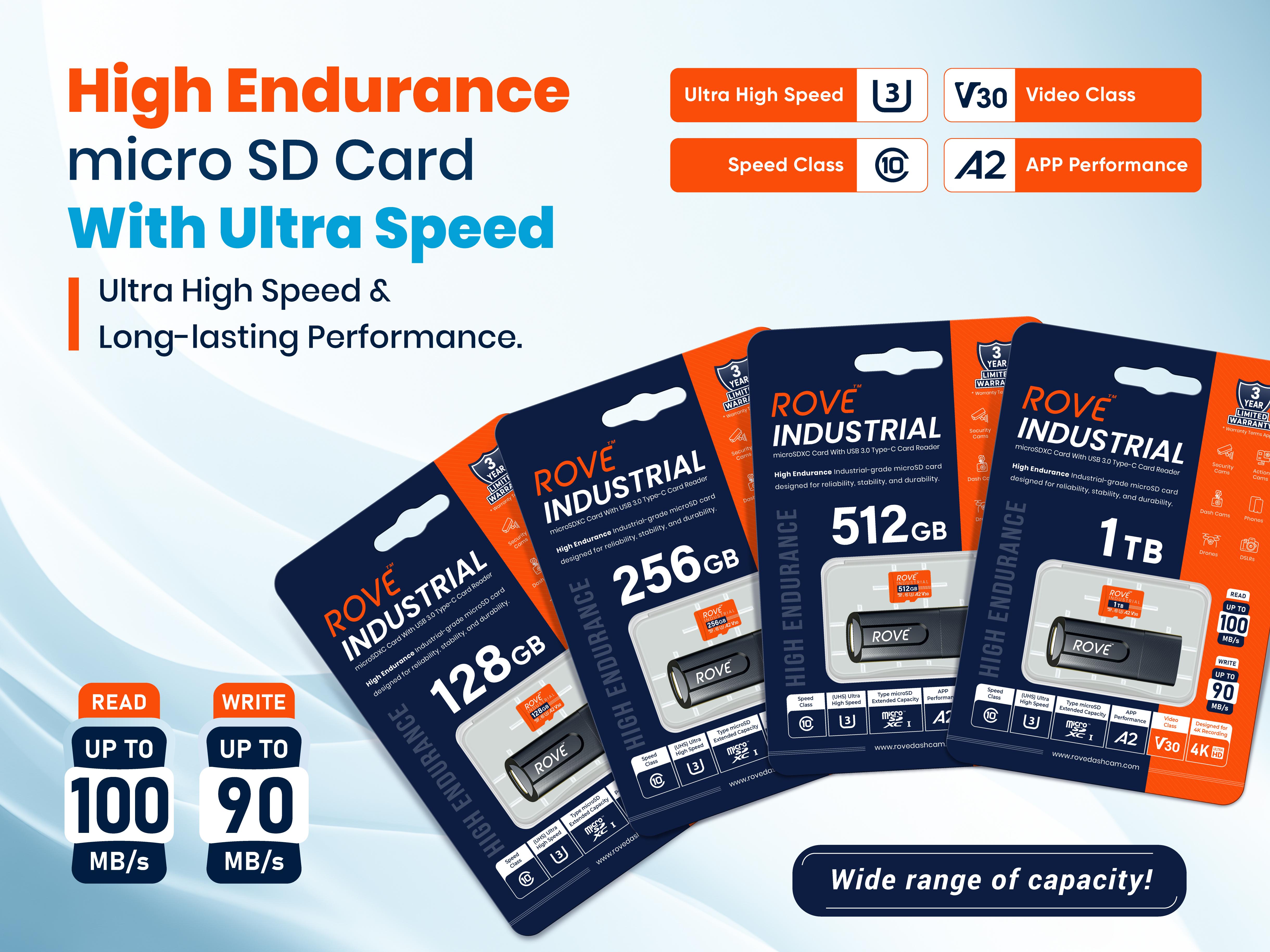 ROVE Industrial 128GB/256GB/512GB/1TB Micro SD Card with USB 3.0 Type C Card Reader, High Endurance microSDXC Memory Card 100MB/s Read Speed, C10, U3, V30, 4K, A2 for Dash Cam, Android Smartphones, Tablets, Games