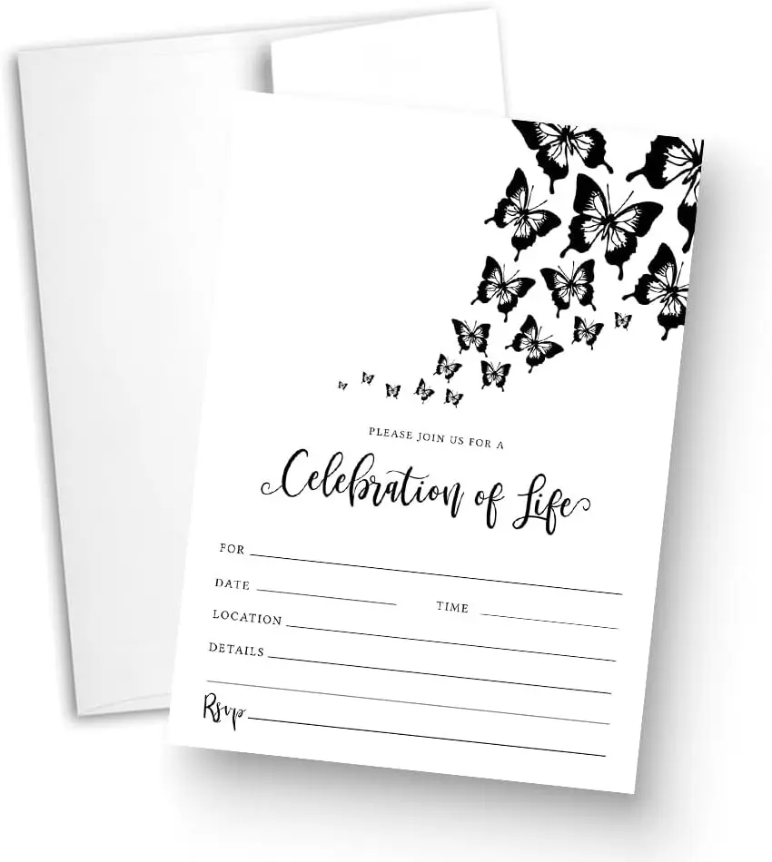 Butterfly Celebration of Life Funeral In Loving Memory 5x7 Invitations with Envelopes, Fill Out Cards (Pack of 25)