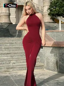 Women's Solid Color Ruched Split Front Sleeveless Bodycon Halter Dress, Plicated Plain Slim Fit Tank Maxi Dress, Birthday Party Club Date Evening Gown Formal Wear, Ladies Summer Holiday Daily Casual Long Dresses, Halter Neck Womenswear