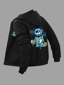 Men's Cartoon Bear Print Drawstring Hoodie, Long Sleeve Casual Fitted Regular Fit Pocket Zipper Hooded Sweatshirt for Fall & Winter, Men's Clothes for Daily Wear