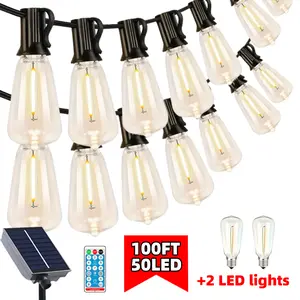 Solar energyLED Outdoor String Lights 100FT Patio Lights with 52 Shatterproof ST38 Vintage Edison Bulbs,Christmas Lights Outside Hanging Light Waterproof for Porch, Deck, Garden, Backyard, Balcony, Dimmable 2700K