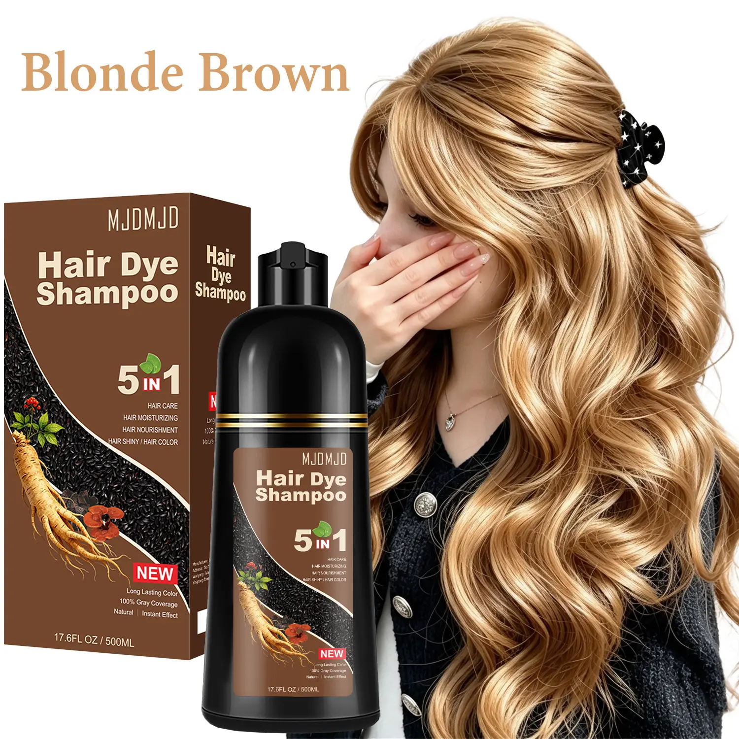 5-in-1 Blonde Brown Hair Dye Shampoo 500ML, Natural Herbal Formula for Gray Hair Coverage, Colors in 10-15 Mins, Semi-Permanent Hair Color Shampoo, Long-Lasting for Women & Men, Ammonia-Free