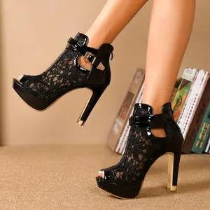 High Block Heel Black Lace Mesh Peep-Toe Sandals for Women - Waterproof Platform with Back Zipper Walking Shoes Footwear