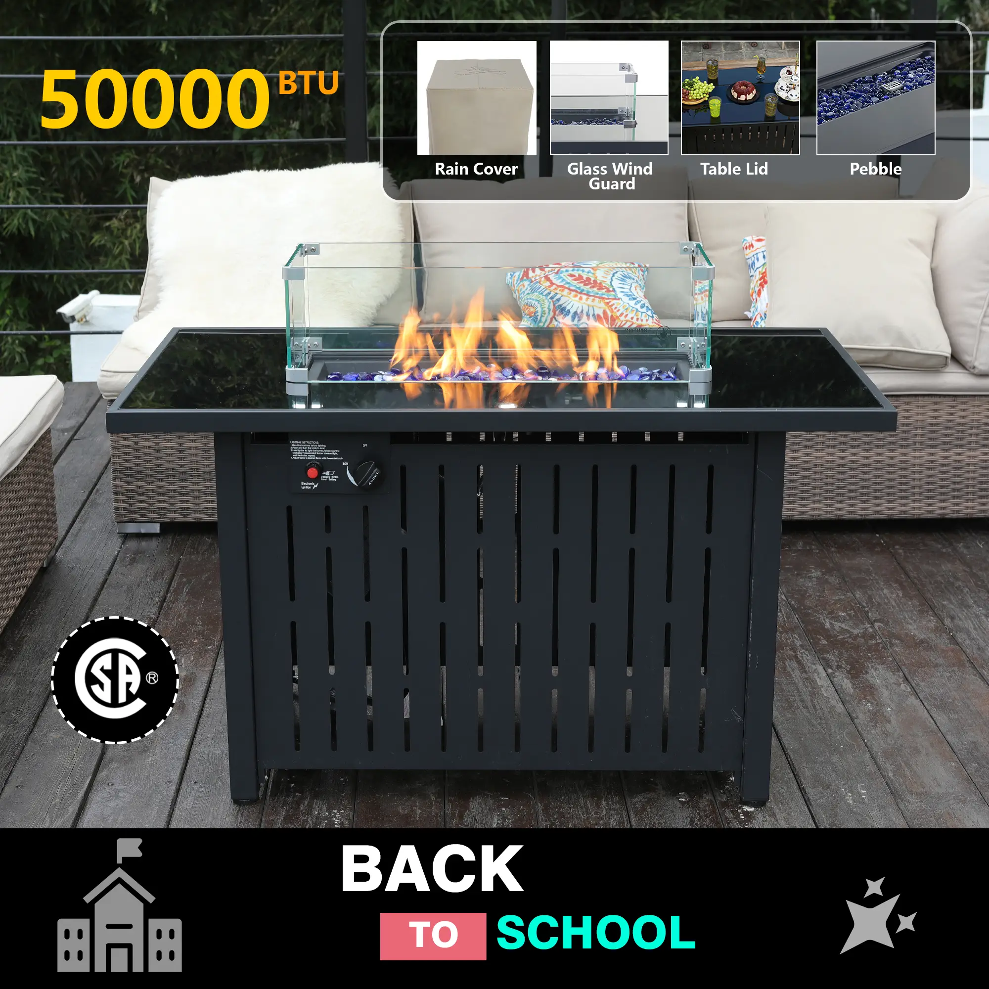 NAGA BAHNA Fire Pit Propane Gas FirePit Table 43" Outdoor Fire Pit Rectangular Tabletop with Lid, Rain Cover, for Outside Garden Backyard Deck Patio O