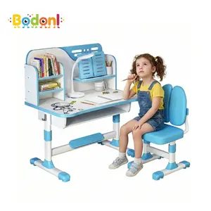 2Pcs/Set Premium Kids Study Desk Chair Set, Height Adjustable Children School Study Table Chair Set with Astronaut Pattern, Ergonomic Desk Chair with Large Writing Board, Bookshelf and Drawer (Pink, Blue)