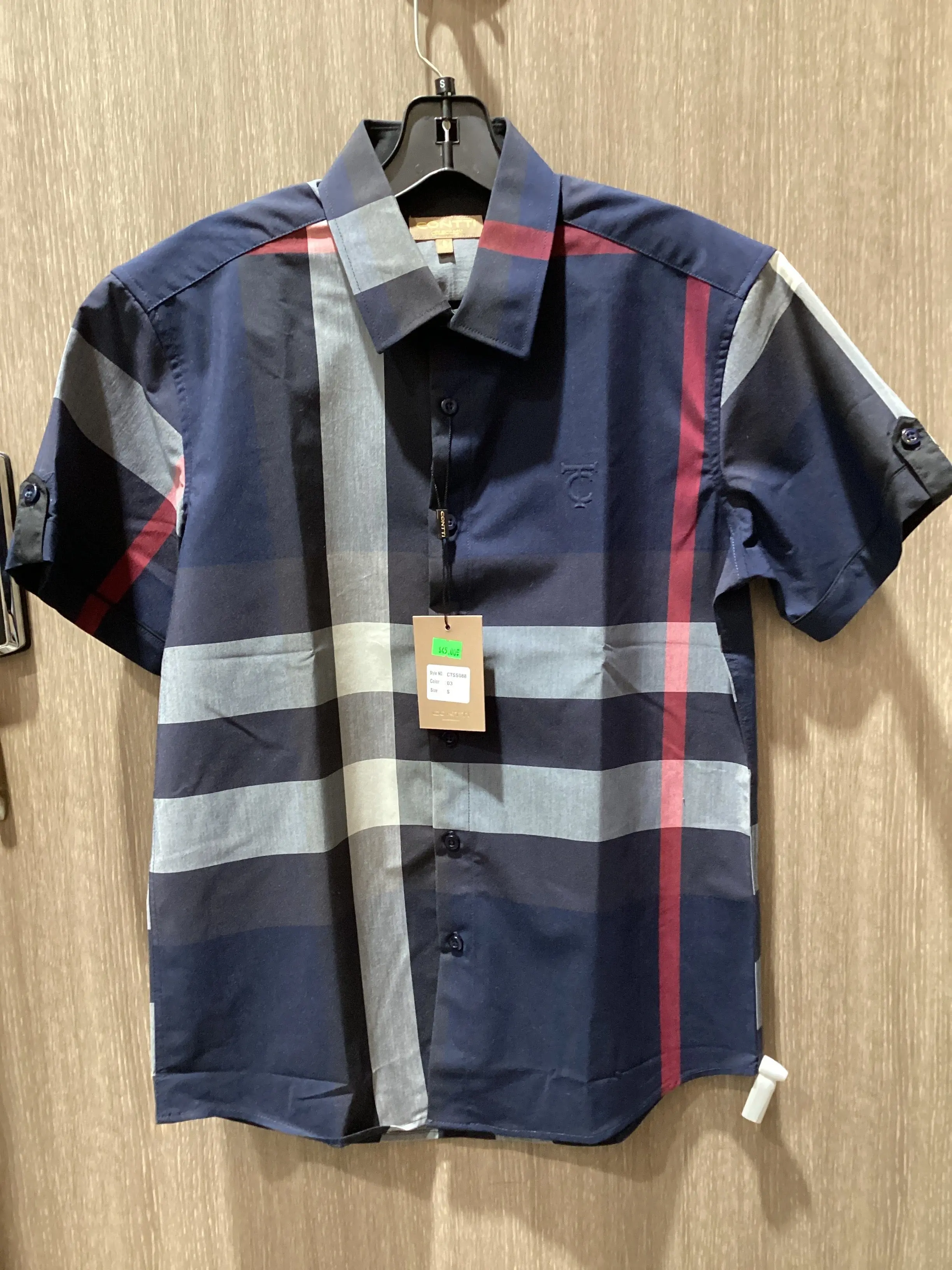 Contti Men’s Check Print Navy Button Down Short Sleeve Shirt