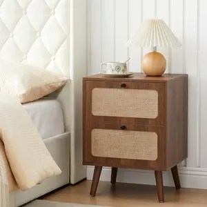 Giratree Mid-Century Nightstand, 21.65"H Wood Bedside Table with 1/2 Drawers & Curved Linen Panel, Farmhouse End Table for Small Space Bedroom