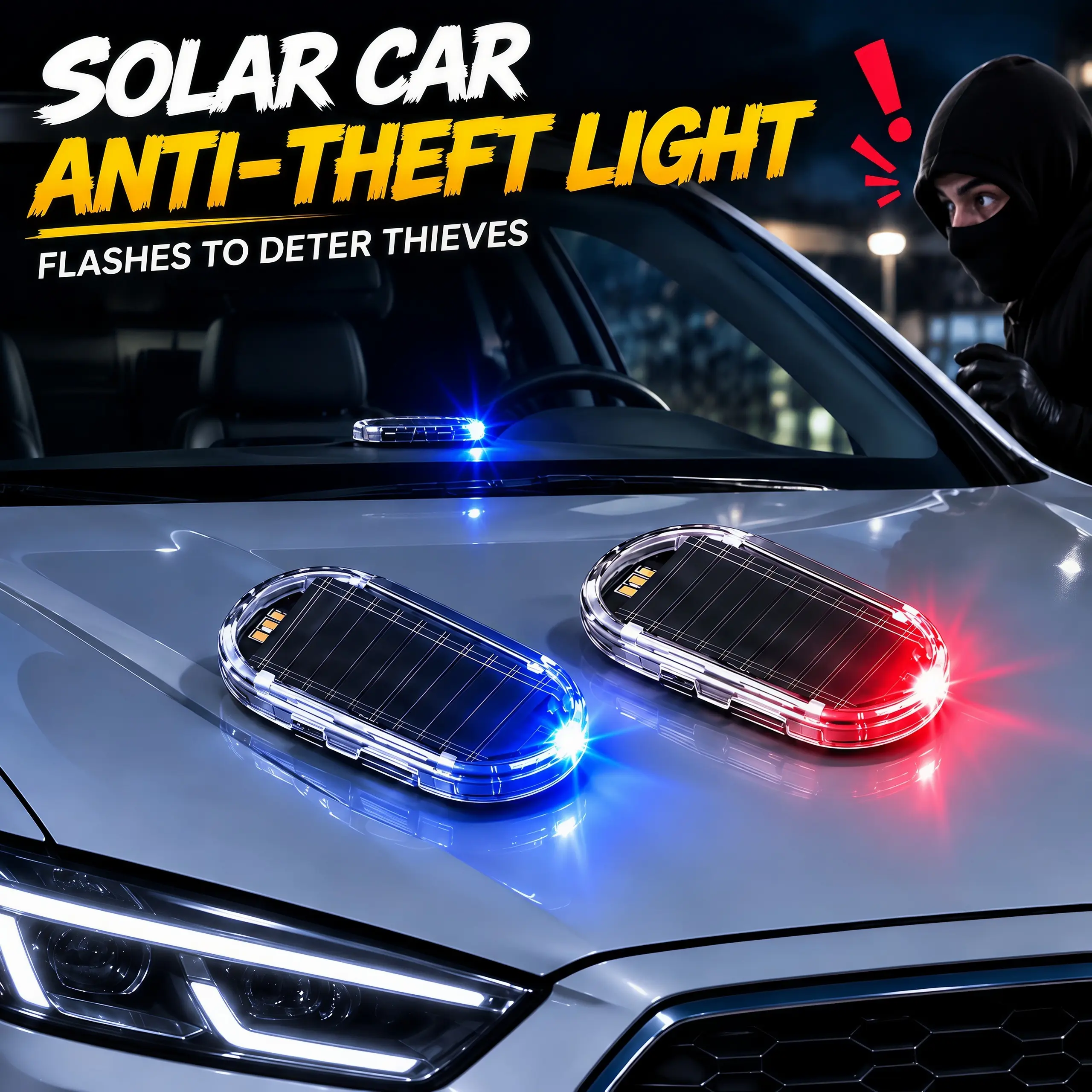 Solar & USB Powered Fake Car Alarm Light, LED Simulated Security Warning Strobe Light with Light Sensor, Auto Off in Daytime & Flash at Night, No Wiring Needed, Anti-Theft Dummy Warning Light for Vehicle