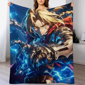 Fullmetal Alchemist Edward Elric Flannel Throw Blanket, Blonde Alchemist Print Fleece Blanket, Cozy Warm Blanket for Anime Fans Bedroom Couch