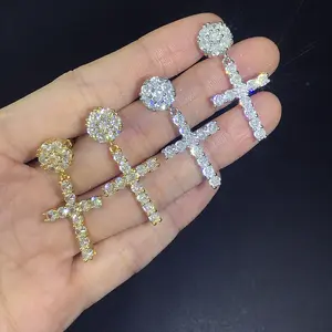Hip Hop Iced Out Cross Earrings for Men Women, Bling CZ Dangle Studs, Y2K Streetwear Statement Jewelry, Trendy Punk Ear Accessories TikTok Hot