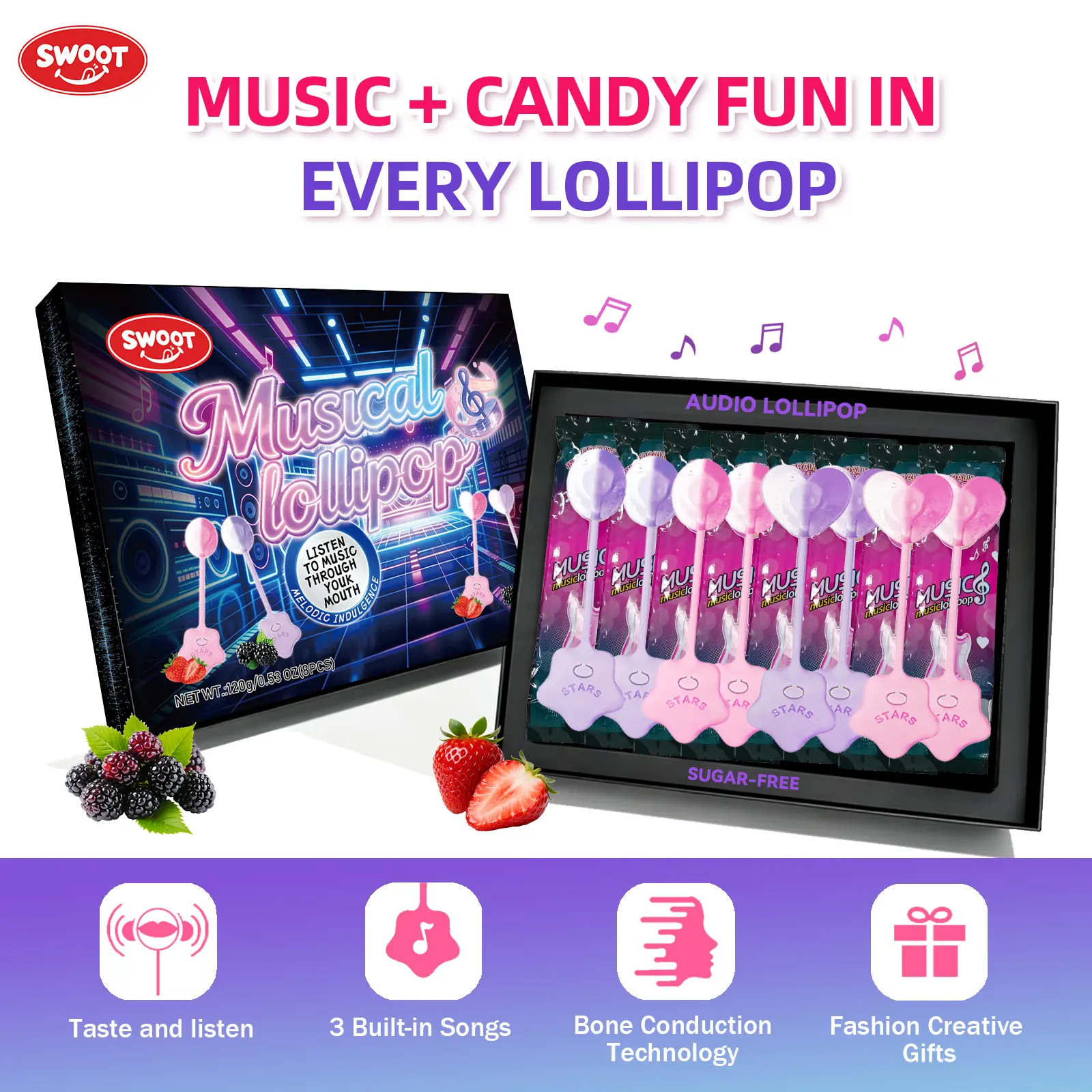 SWOOT 8-Pack Sugar-Free Musical Lollipops – Bone Conduction Candy with 3 Built-In Songs (Strawberry & Blackberry), Heart & Round Shapes, Fun Birthday Party Favors for Kids