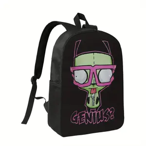 Invader Zim Anime Backpack - Large Capacity School Bag with Adjustable Straps & Zipper Closure, Lightweight Durable Backpack for College, Travel, Daily Use - Black with Zim's Face & "Genius?" Print - Perfect Gift for Fans, Backpack Purse, Backpack for Hig