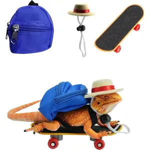 3 Pack Bearded Dragons Accessories Toy Lizard Backpack Adjustable Hat and Mini Skateboard Fit for Lizard Bearded Dragons Hamster Parrot Little Turtle Reptiles Small Animals