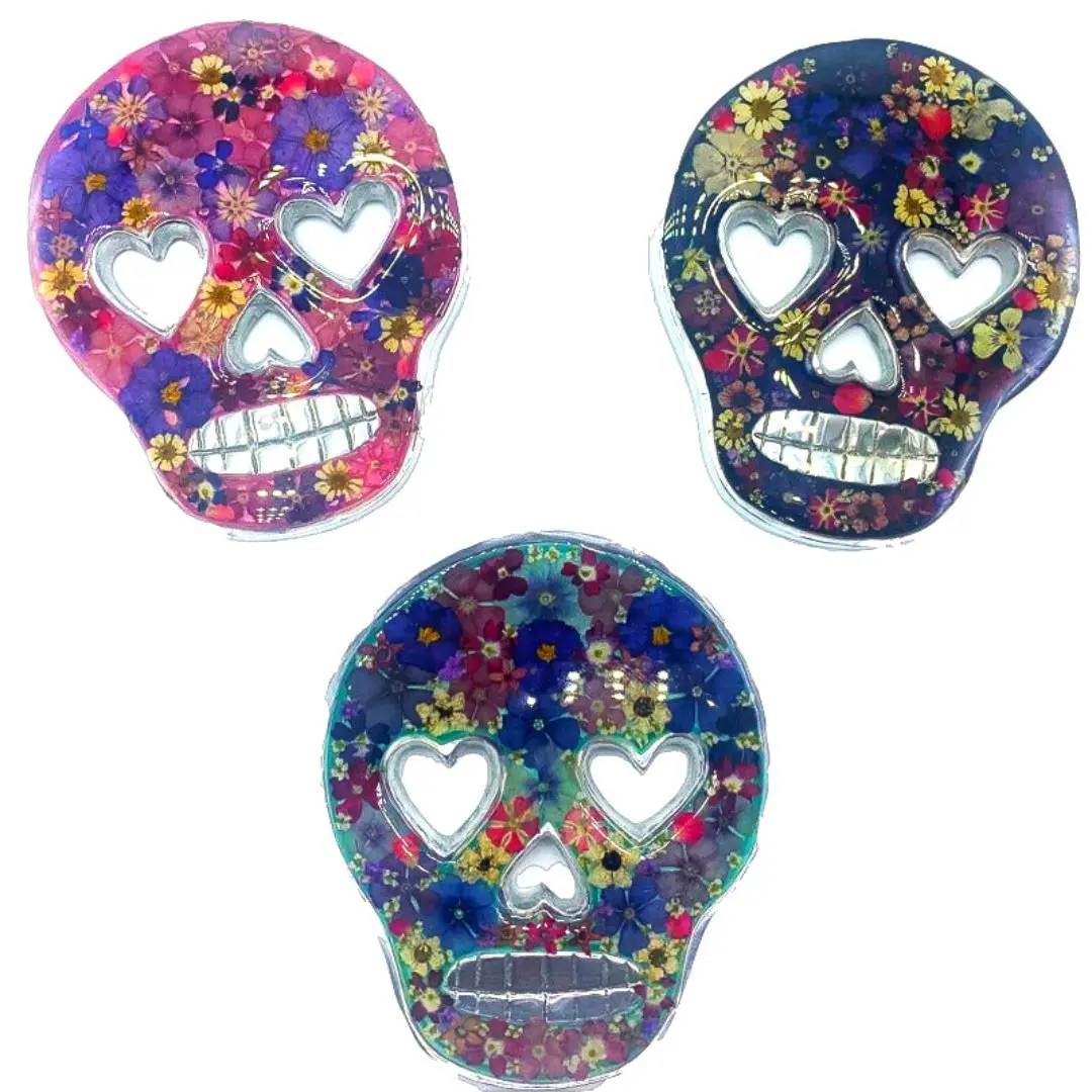 Calavera Wall Ornament w/ Pressed Flowers 5" x 3.5"