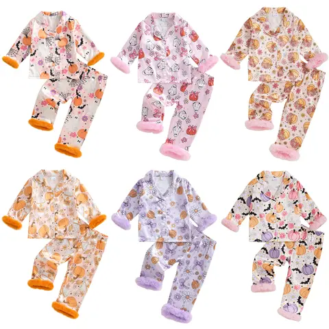 REDWOON Toddler Baby Girls Halloween Satin Silk Pajamas Button Down 2 Piece Pajama Set Big Kids Teen Girls Pjs Nightgown Outfits