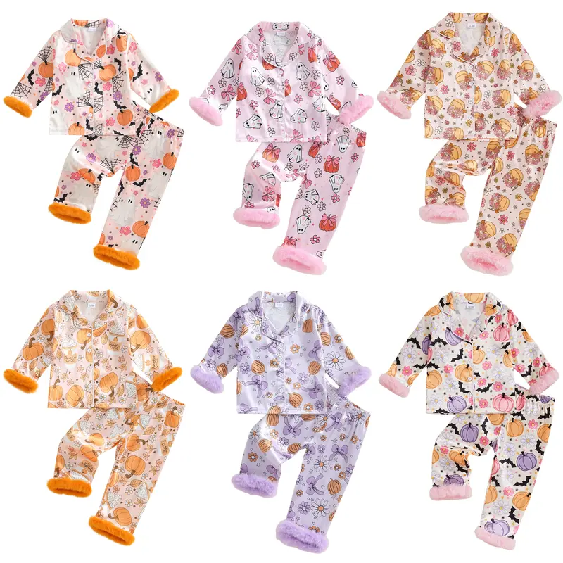 REDWOON Toddler Baby Girls Halloween Satin Silk Pajamas Button Down 2 Piece Pajama Set Big Kids Teen Girls Pjs Nightgown Outfits