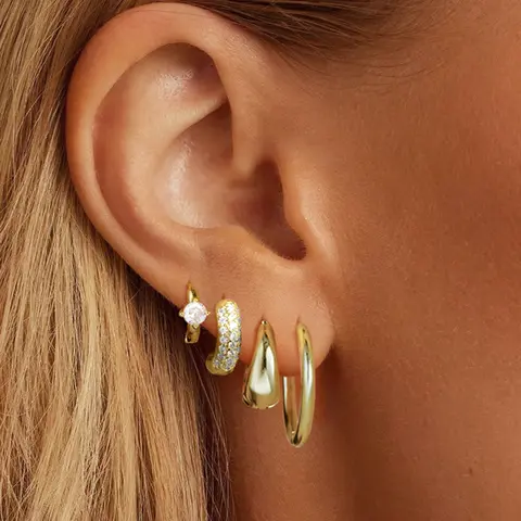 17KM Women's 14K Gold Plated Huggie Earring Pack - Small Stackable Chunky Zirconia Accents Hoops, Elegant Shiny Lightweight Hypoallergenic Cartilage Jewelry, Daily Wear & Party Accessory Gift
