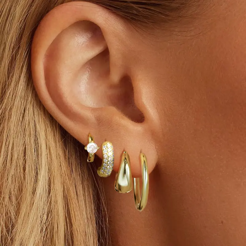 17KM Women's 14K Gold Plated Huggie Earring Pack - Small Stackable Chunky Zirconia Accents Hoops, Elegant Shiny Lightweight Hypoallergenic Cartilage Jewelry, Daily Wear & Party Accessory Gift