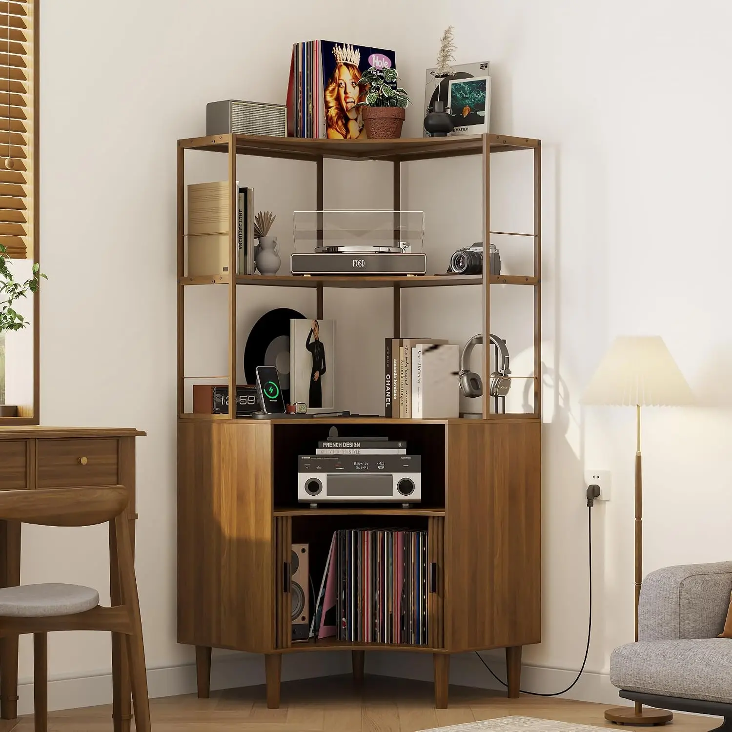 Tall Corner Record Player Stand with Charging Station & 2-Tier Open Shelves