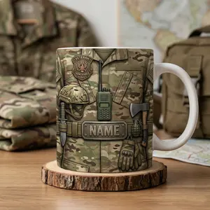 Personalized Military Veteran Mug Custom Name Army Camo Gift for Him Inflated Effect Tactical Gear Coffee Cup Patriotic Soldier Dad Gift, 2D Printed 3D Effect, gift for her, gift for him, gift for mom, gift for dad, gift for friend, birthday gift mug.