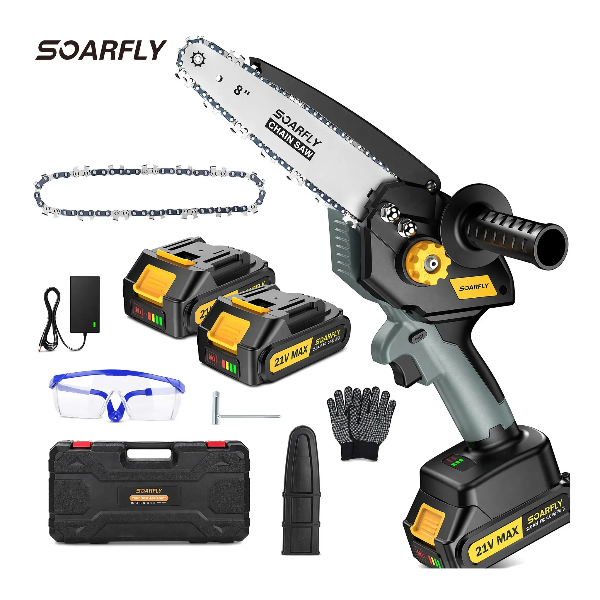 SOARFLY 8-Inch Cordless Mini Chainsaw, Battery Powered Brushless Chainsaw with Auto Oiler, Tree Trimmer for Wood Cutting and Branch Pruning, Includes 2 Batteries, Diy Home Projects, Brushless Motor, Hand Held Chain Saw, Lightweight Chain Saw