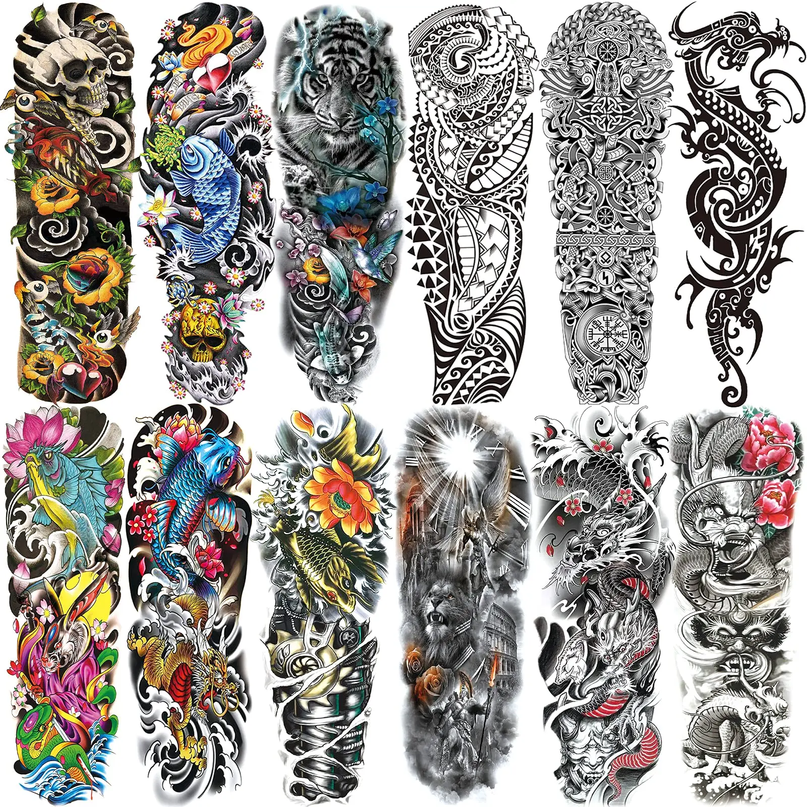 Halloween Temporary Tattoo for Men and Women,12sheets (L19“xW7”) Full Sleeve Tattoos Stickers for Teens, Colorful Fake Tattoos Demon