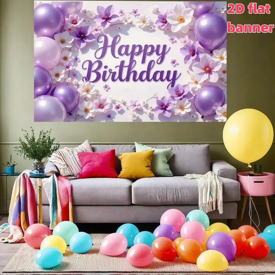 Purple Birthday and Baptismal Party Banner - Elegant Purple Flower Decoration with Balloon - Durable Polyester Fabric, Suitable for Living Room, Bedroom, Office, Birthday, Anniversary and Home Decoration, Outdoor and Indoor Parties, Photography Background