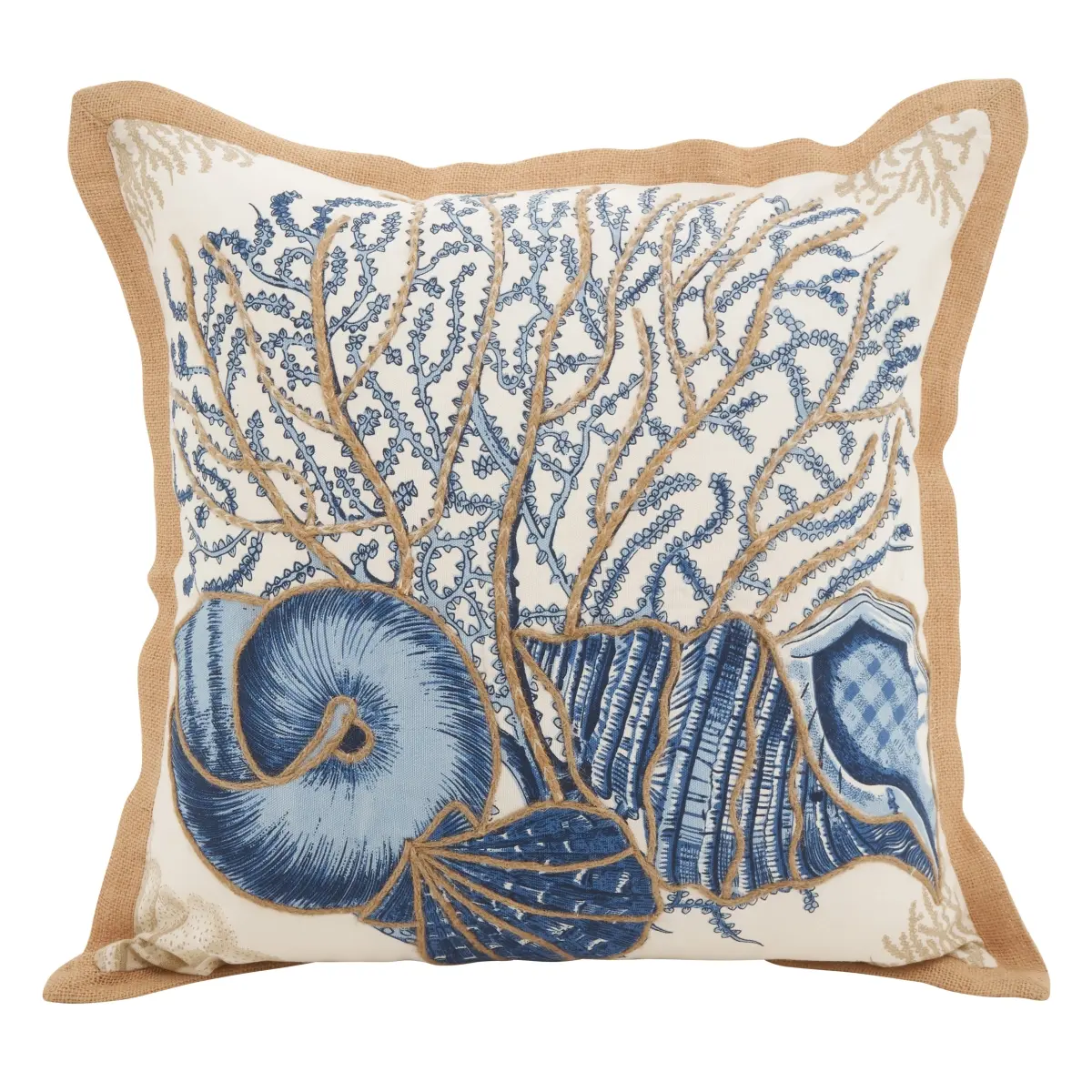 212 MAIN Neptune Marine Motif Seashell Print Creative Decorative Cushion - 20 in. Classic Square Seat/Throw Pillow, 100% Cotton Down Feather Fill, Contrasting Trim, Natural Sea-Themed Home Decor (Model 5436.NB20S)