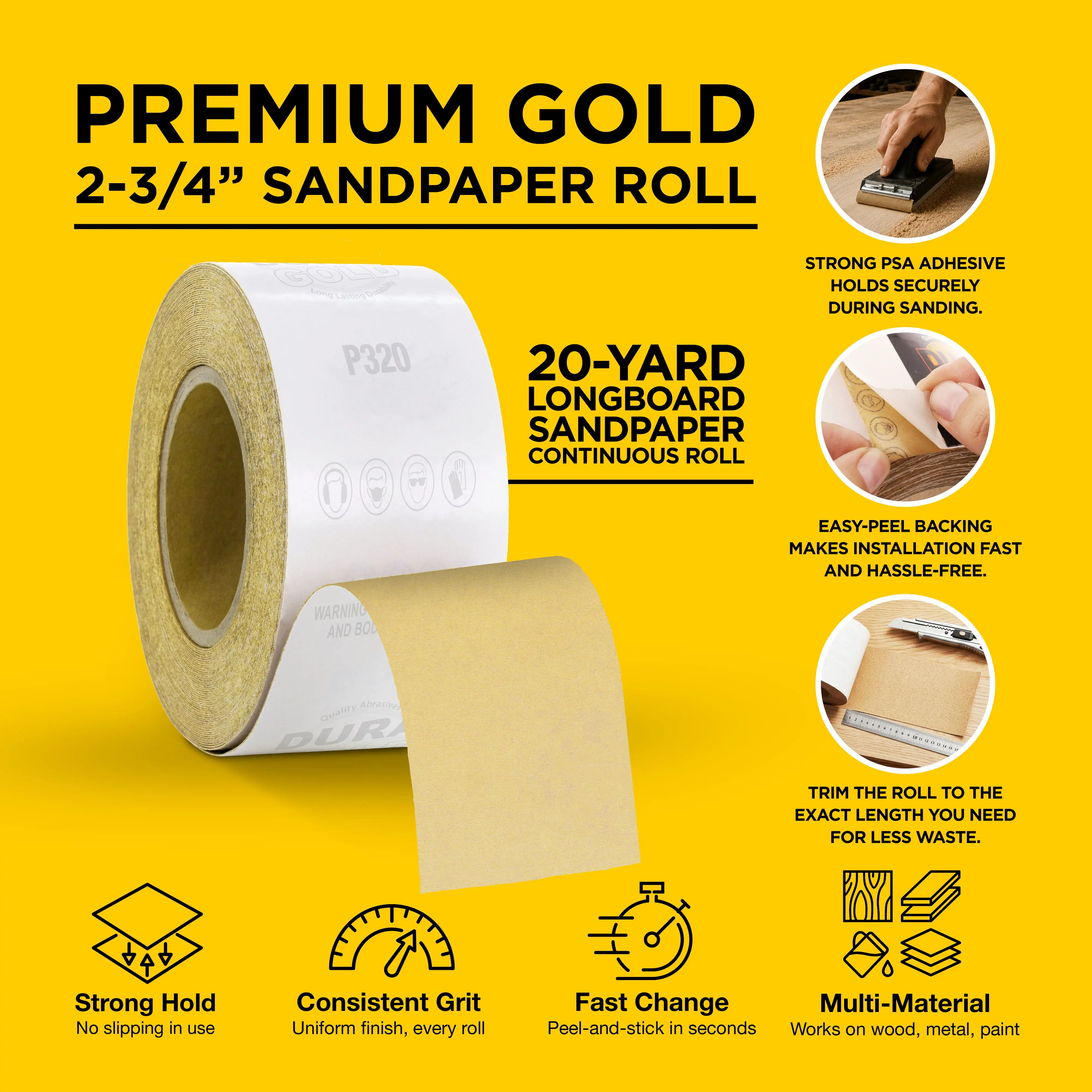 320 Grit Gold - Longboard Continuous Roll PSA Stickyback Self Adhesive Sandpaper 20 Yards Long by 2-3/4" Wide