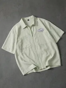 Men's Summer Striped Zipper Shirt, Workwear Style Dual Pockets Letter Patch, American Vintage Short Sleeve Top, Casual Soft Shirt