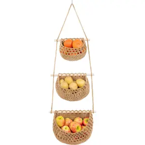 3 Tier Cotton Woven Hanging Fruit Basket, Macrame Wall Hanging Storage Basket, Over The Door Organizer Boho Decor for Kitchen Bathroom, Brown