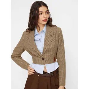 Cider Cotton-blend Collar Checks Bowknot Crop Blazer