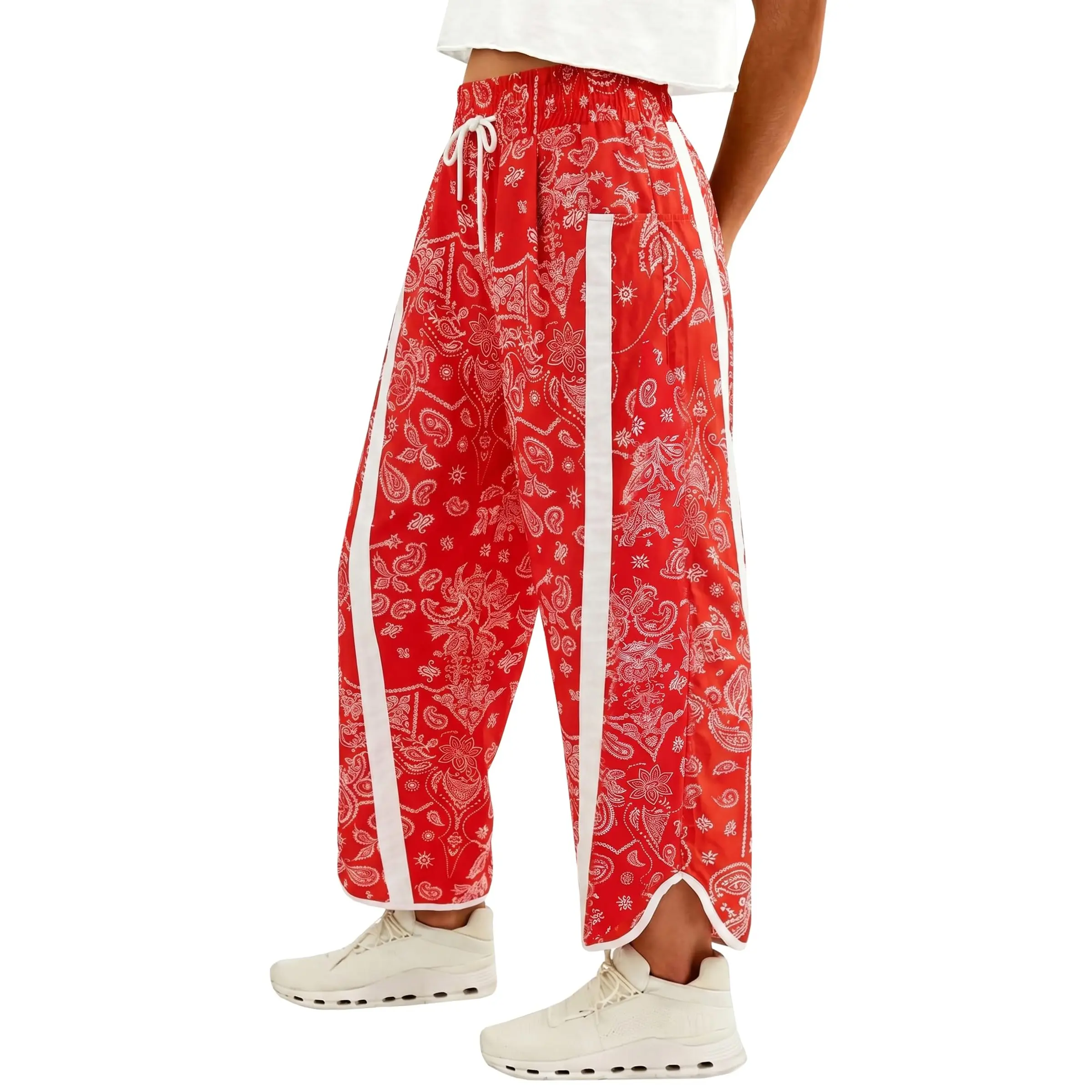 Fisoew Women's Baggy Wide Leg Pants Casual Elastic High Waisted Drawstring Printed Workout Sweatpants