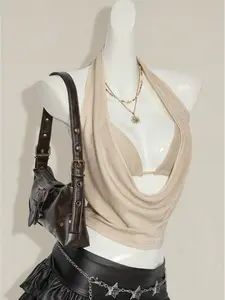 2 pieces with Y2K backless women's vest and suspender shirt Halter Neck Backless Top