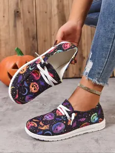 Women's Halloween Limited Edition Canvas Shoes, Colorful Pumpkin & Bat Design, Low Top Casual Sneakers, All Seasons Footwear