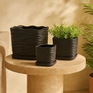 Set of 3 Ceramic Wavy Ribbed Indoor Outdoor Planter with Attached Saucer