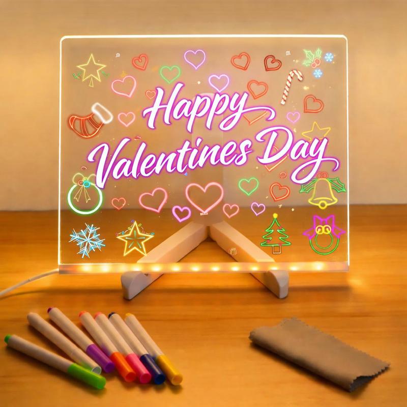 LED Note Board, Drawing board with Led Light, Drawing board, Clear Light up Dry Erase Board with Stand Glow Memo LED Letter Rewritable Message Board with 7 Color Markers