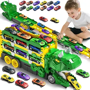 Multifunctional Dinosaur Transforming Transport Track Toy, Foldable Sliding Dual Tracks, Includes 12 Mini Cars, Perfect Birthday Gift Transforming Dinosaur Transport Truck