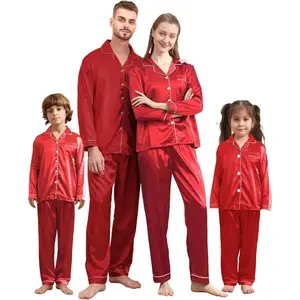 Matching Family Christmas Pajamas Set, Silk Satin Long Sleeve Button Down Comfy Loungewear for Couples, Men, Women