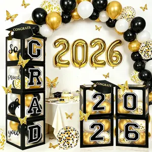 2026 Graduation Party Decorations: 4 count Black Balloon Boxes with Letters 2026 GRAD So Proud of You, 80 count Balloons, 12 count Butterfly, "2026" Foil Balloons, Class of 2026 Party Supplies for Any Grades