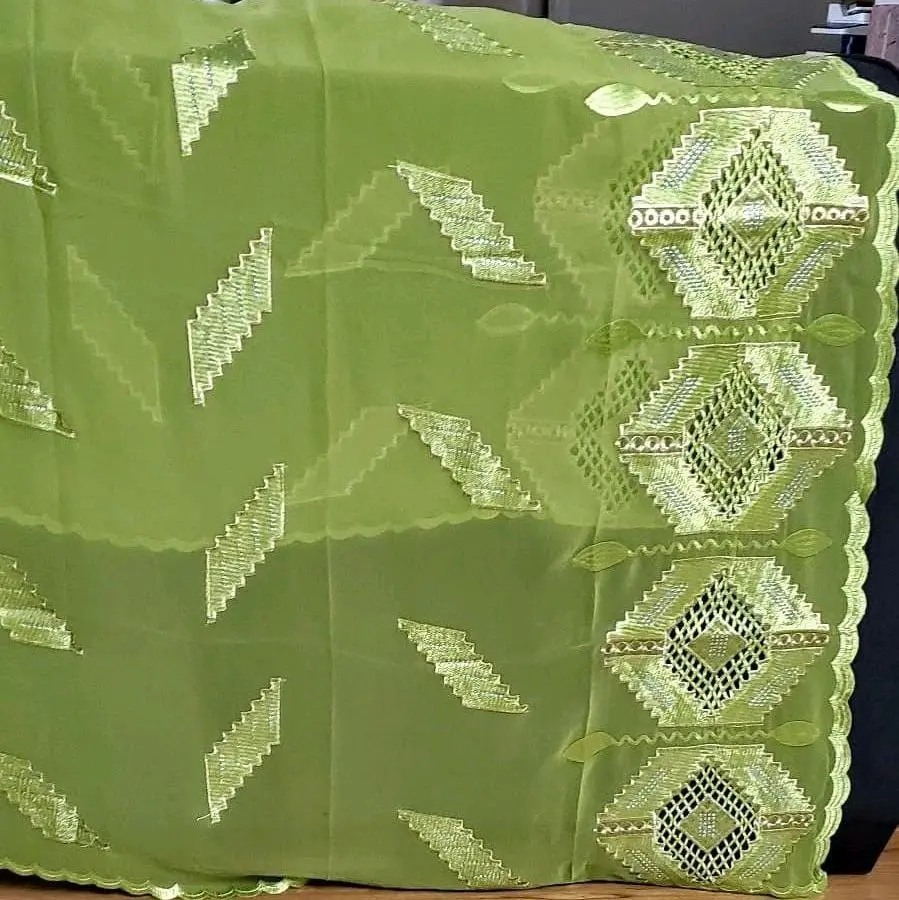 Scraf in Green with Geometric Patterns and Intricate Embroidery