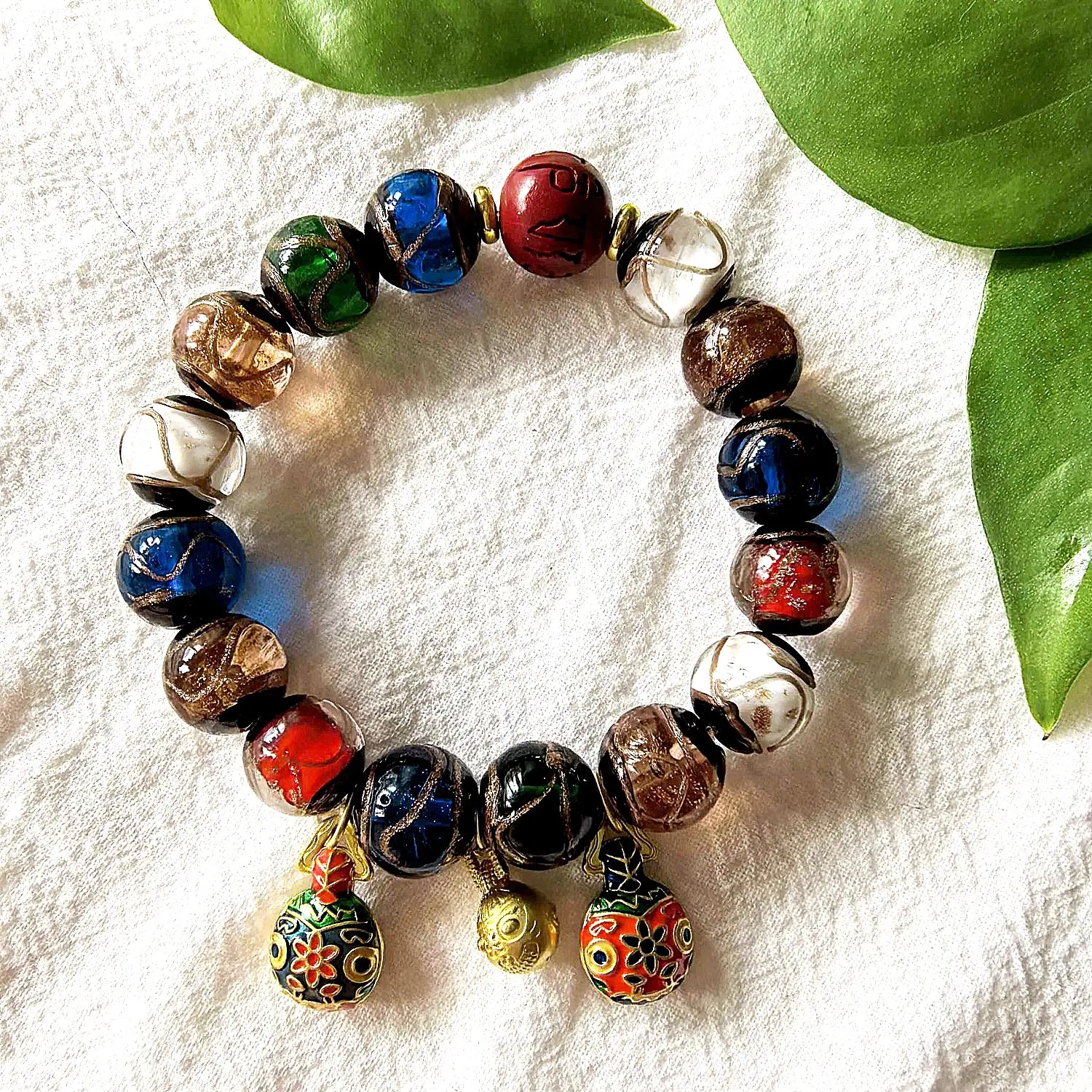 Color Glazed Incense Ash Bracelet with Beast Family Charms | Earth Energy | Handmade Beaded Stretch Bracelet, Traditional Eastern Inspired Protection and Positive Energy Jewelry, Symbolic Lucky Bracelet for Balance, Fengshui Bracelet
