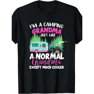 [100% Cotton] 100% Cotton Plus Size, Women's Plus Size 0XL-5XL 100% T-Shirt - Grandma Camping Theme with Funny Slogan "Cool Grandma" & Camper Van/RV Design, Black Round Neck Short Sleeve Casual Tee for RV Trips, Mother's Day Gift for Grandmothers