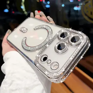 Phone Case - 3pcs Set Accessories [1 Phone Case + 2 Clear Screen Protectors] Sparkling Crystal Phone Case - Clear Compatible with Iphone 16E, 15, 16, 14, 11, 12, 13 Pro Max Plus Supports Magnetic Wireless Charging Camera Lens Cover