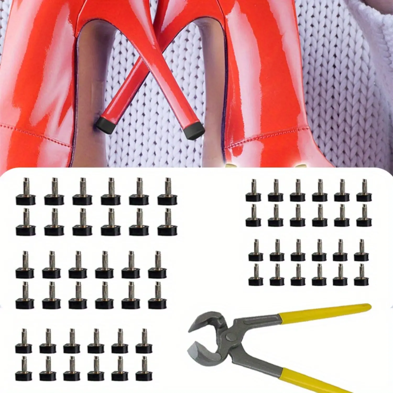 Women's High-Heeled Shoes Repair Kit - 30 Pairs Shoe Heels Replacement Tips with 8x8mm & 12x12mm Metal Pins (5 Sizes), 6" Heel Pliers for Repairs