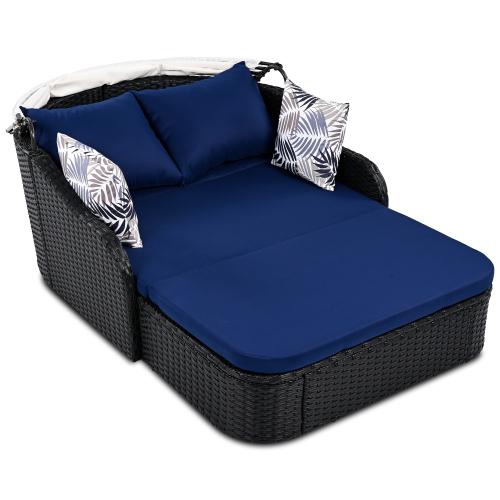 79.9 Inch Outdoor Sunbed with Adjustable Canopy Double Lounger PE Rattan Daybed Black Wicker Patio Furniture with Cushions for Poolside Backyard Garden (Black+Blue)