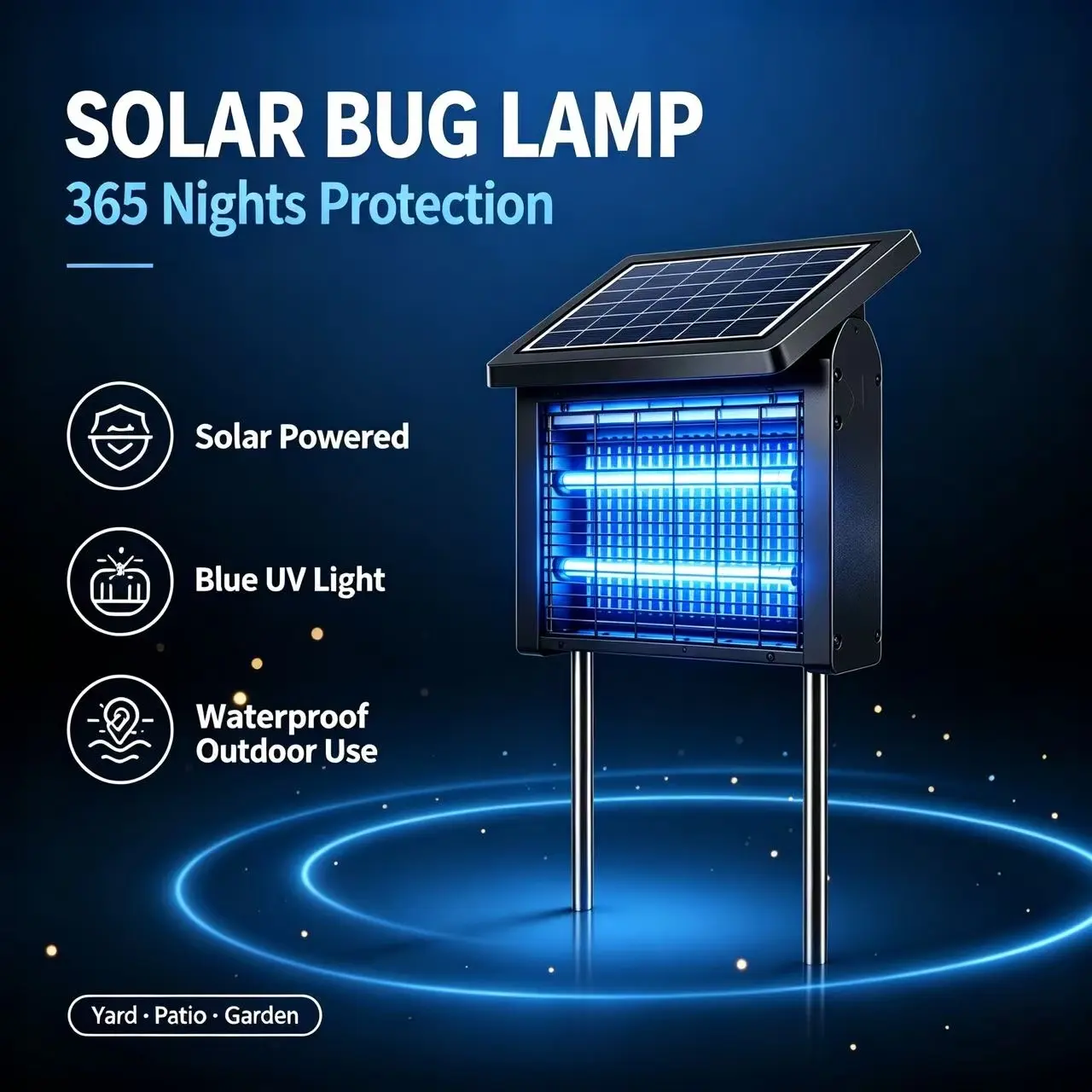Outdoor Solar Charged Bug Trap & Bug Zapper, 4500V Electric Shock Grid, 3 High Power UV LED Light Insect Eliminator, Dual Use Hanging & Ground Mount Mosquito Fly Moth Catcher, Waterproof Pest Repeller Lamp for Backyard Garden Patio Farm