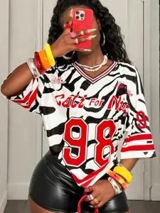 Women's Zebra Print 'cali for Nia 98' T-Shirt, Loose V-Neck Short Sleeve, Y2K Street Style, Casual Party Club Wear