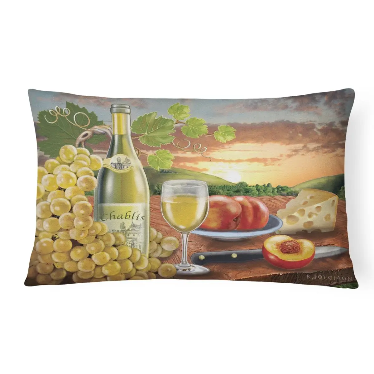 Chablis Canvas Fabric Decorative Pillow for Cozy Setup - 12" L x 3" W x 16" H, Peach-Infused Wine & Cheese Design, Fade Resistant, Machine Washable